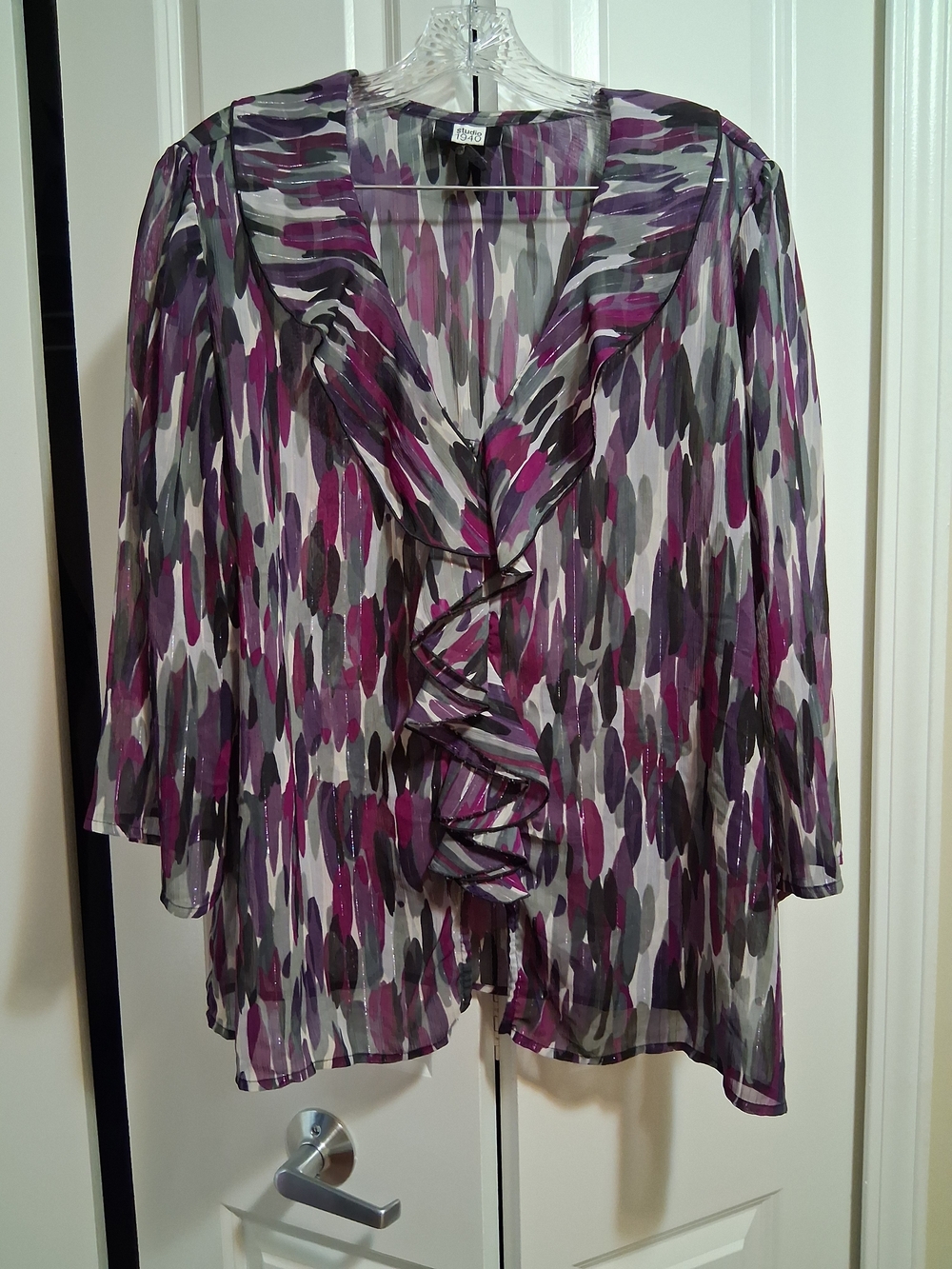 Studio 1940 Sheer Ruffled Blouse in Purple and Gray Brushstroke